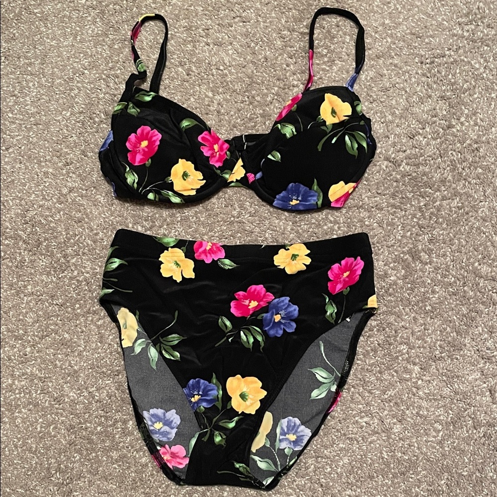Fit System Vintage Floral Black Bikini , Size 14